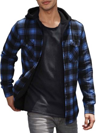 Generic Plaid Casual Sweatshirt Hoodie Long Sleeve Mens Shirt With Pocket Button Down Checked Jacket Flannel Regular Fit (Sky Blue, L)
