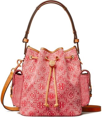 Tory Burch T Monogram Denim Bucket Bag in Brilliant Red at Nordstrom