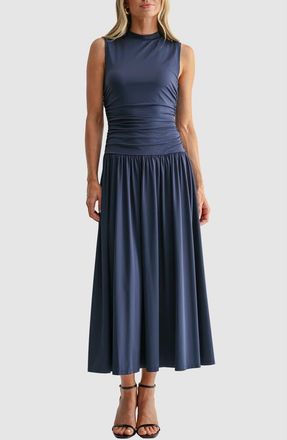 Mila Mae Ruched Mock Neck Drop Waist Fit & Flare Midi Dress in Navy at Nordstrom, Size X-Large