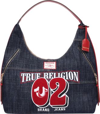 True Religion Varsity Logo Zip Pocket Denim Hobo Bag - Dark Denim Shoulder Purse