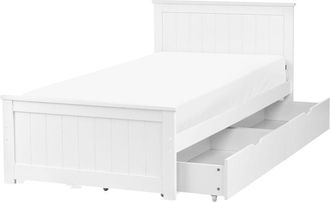 Beliani Bed Frame White Pine Wood MDF EU Single Size 3ft Headboard with Drawers Minimalist SABRAN