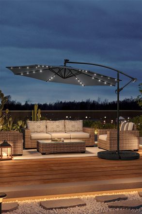 Living and Home Outdoor 32 LED Lighted Patio Umbrella with Crank Lift System, Cross Base & Fillable Base in Dark Grey
