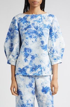 Lafayette 148 New York Floral Balloon Sleeve Silk & Linen Blouse in Blue Oasis Multi at Nordstrom, Size X-Large