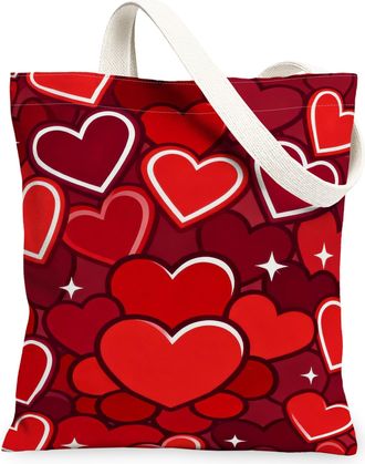 Generic Heart Pattern Canvas Tote Bags, Romantic Love Design Reusable Grocery Bags, ValentineS Day Lightweight Washable Shoulder S, Red, 13x15 Inch