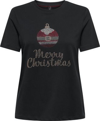 Only Kurzarmshirt ONLY ONLKITA XMAS S/S RHINESTONE BOX CS JRS, Damen, Gr. XL, schwarz print:merry christmas, Jersey, Obermaterial: 100% Baumwolle, bedruckt
