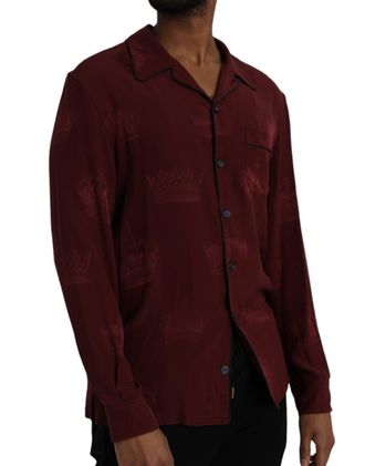 Dolce & Gabbana Mens Maroon Crown Jacquard Silk Long Sleeve Shirt