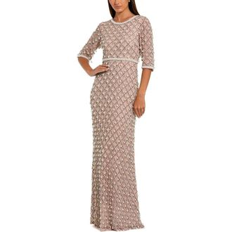 Mac Duggal 3/4 Sleeve Pearl Embellished Mesh Gown in Light Rose at Nordstrom, Size 16