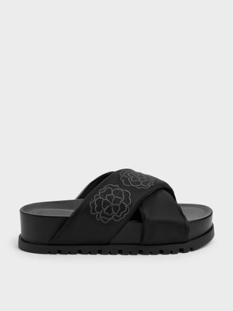 Charles & Keith Satin Embroidered-Flower Crossover Sandals