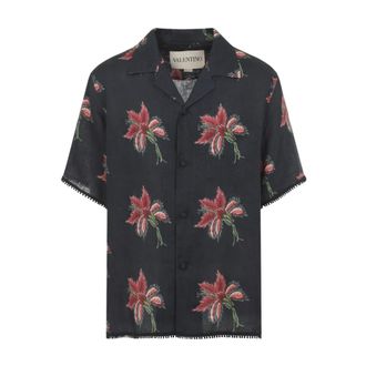 Valentino Linen Bowling Shirt With Papier Floral Print - male - Valentino - Short Sleeve Shirts - Black - L - Shirts