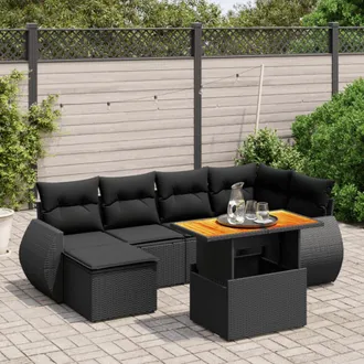vidaXL Set De Sof&aacute;s De Jard&iacute;n 7 Pzas Con Cojines Rat&aacute;n Sint&eacute;tico Negro Vidaxl