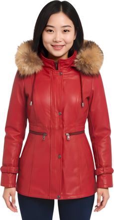 Infinity Leather Womens Red Hooded Parka Jacket-Putian Lamb Leather - Size 12 UK