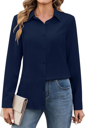Zeagoo Womens Shirts Long Sleeve Button Down Shirt Regular Fitted Stretch Shirts Plain Business Shirt Stain Shield Office Work Blouse Midnight Blue XXL