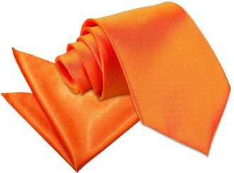 DQT Plain Glossy Satin Polyester Wedding Classic Neck Tie and Pocket Square Set for Men in Burnt Orange