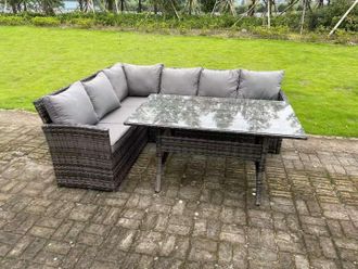 Fimous High Back Dark Mixed Grey Rattan Corner Sofa Set Outdoor Furniture Rectangular Dining Table 6 Seater in Dark Grey