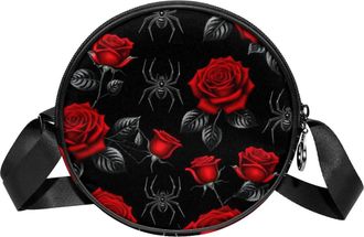 Generic Circle Crossbody Bag for Women, Spider Roses Small Sling Bag Daypack with Zipper Adjustable Shoulder Straps Casual Ladies Girls Round Purse