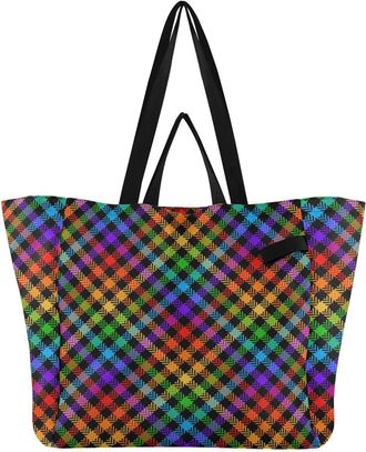 Generic Rainbow Black Plaid pattern Reusable Canvas Tote Bag, Heavy Duty Grocery Shopping Bag with Double Handles Hard Bottom Large Capacity Work Groceries Tr