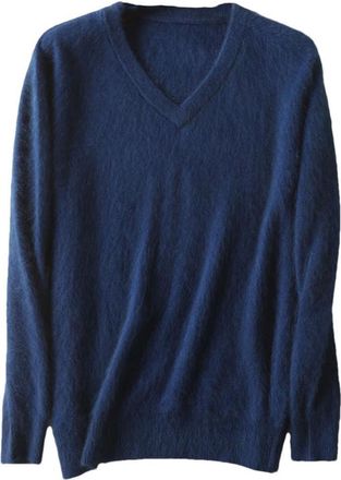 Generic Mens Cashmere Sweaters Solid V-Neck Casual Knit Pullovers Men Long Sleeve Warm Pullovers Jumper Denim Blue XXXL