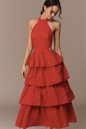 endless rose Tiered Halter Cutout Cotton Midi Dress