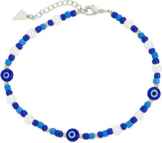 Sterling Forever Sibyl Evil Eye Charm & Pearl Anklet