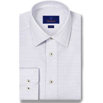 David Donahue Trim Fit Grid Check Cotton Dobby Dress Shirt in White/Blue at Nordstrom Rack, Size 14.5 - 32/33