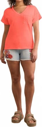 Tribal Short Sleeve Frill V-Neck Top With Ladder Tape In Coral Glow