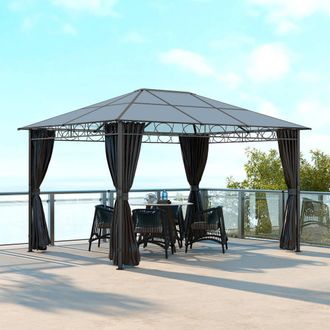 OUTSUNNY Hardtop Gazebo for Garden Party w/ Polycarbonate Curtains in Light Grey