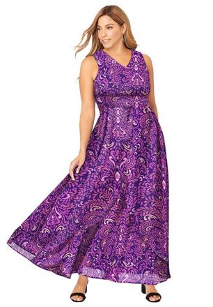 Jessica London Petite Georgette Flyaway Maxi Dress in Purple Painted Scroll at Nordstrom, Size 22