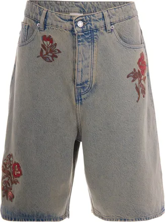 Dr&ocirc;le de Monsieur Oversized Denim Shorts with Floral Embroidery and Five Pockets