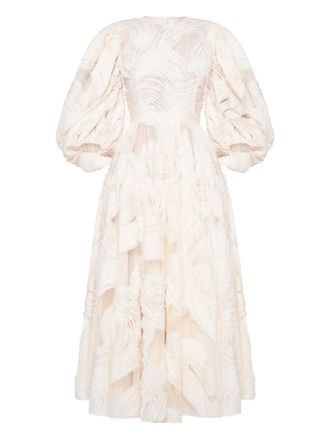 Anouki puff-sleeve embroidered midi dress - Neutrals