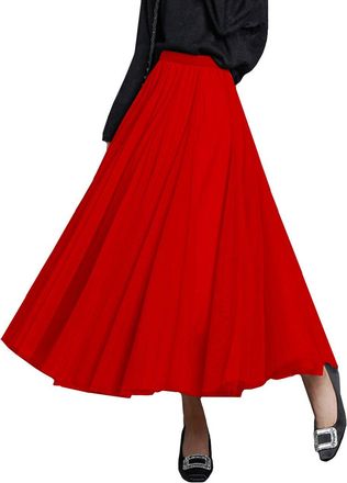 Feoya Womens Chiffon Long Maxi Skirts A-line Prom Party Casual Maxi Dress Dark Red