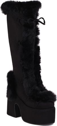 Generic Womens Cozy Faux Fur Knee High Boots Lace Up Platform Block Heels Warm Plush Lining Durable Non Slip Outsole Stylish Winter Casual Dress Boots,Black,7