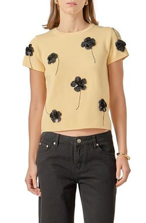 English Factory Floral Ebellished Short Sleeve Knit Top in Butter Yellow/Black at Nordstrom, Size Small