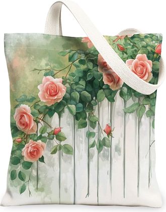 Generic Spring Rose Fence Flower Canvas Tote Bag for Shopping 13x15, Farmhouse Cute Floral Reusable Grocery Print Pattern Bag for Women, Fun Country Beach Aes