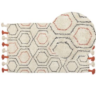 Beliani Alfombra De Algod&oacute;n Beige Naranja Negro 80 X 150 Cm A Mano Geom&eacute;trico Borlas Hajipur