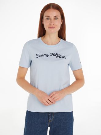 Tommy Hilfiger Kurzarmshirt TOMMY HILFIGER REG SCRIPT C-NK SS, Damen, Gr. XS (34), blau (breezy blau), Single Jersey, Obermaterial: 100% Baumwolle, unifarben, regula