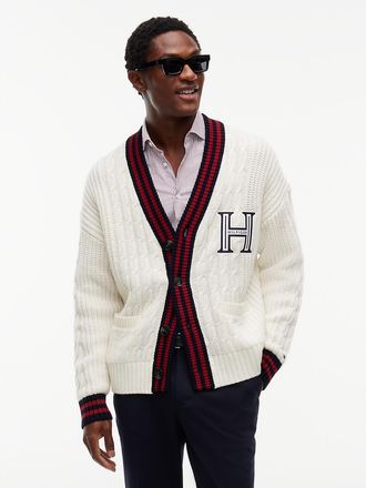 Tommy Hilfiger Mens Cable Knit Wool-Blend Letterman Cardigan - Ivory Petal - M