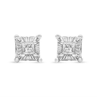 House of Brilliance Silver 1/4 Ct Miracle Princess Solitaire Stud Earrings with Hidden Halo in White at Nordstrom