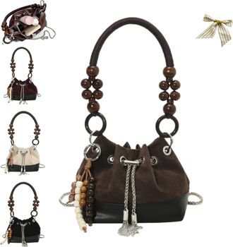 Generic Suede Beaded Drawstring Vintage Bucket Bag,Vintage Crossbody Bag with Chain Strap,Womens Retro Beads Drawstring Handbags (Coffee)