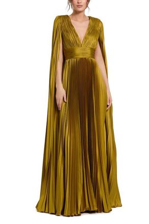 Mac Duggal Petite Pleated Charmeuse V Neck Gown With Cape in Chartreuse at Nordstrom, Size 8P