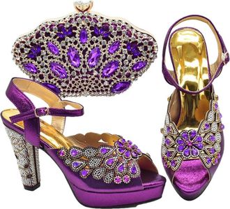 Generic Womens Peep-Toe Pumps Luxury Rhinestone Hollow Out Design Bag and Shoes Matching Set for Bride Wedding Purple