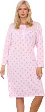 Generic Women Plus Size Nightwear Buttons Floral Print Long Sleeve Nightie M to 6XL Pink