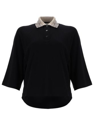 Brunello Cucinelli Black Embellished Shirt Collar Polo