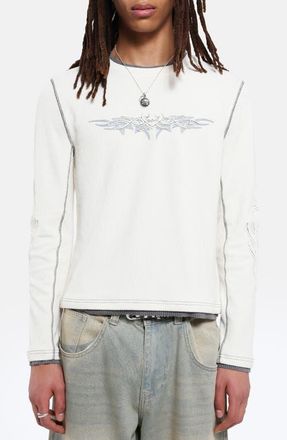 Jaded London Tattoo Appliqu&eacute; Long Sleeve Waffle T-Shirt in White at Nordstrom, Size X-Large