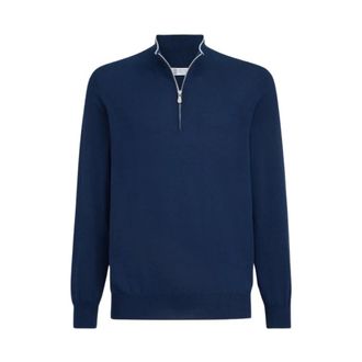 Brunello Cucinelli Gebreide trui van katoen met halve rits - Heren - Sweatshirts & Hoodies - Blauw - Maat: L Katoen