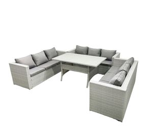 Fimous Rattan Garden Outdoor Furniture Set 9 Seater Garden Sofa Rectangulr Dining Table Set Light Grey Mixed