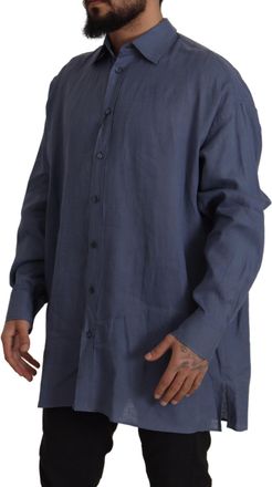 Dolce & Gabbana Dark Blue Linen Slim Fit Dress Formal Men Shirt