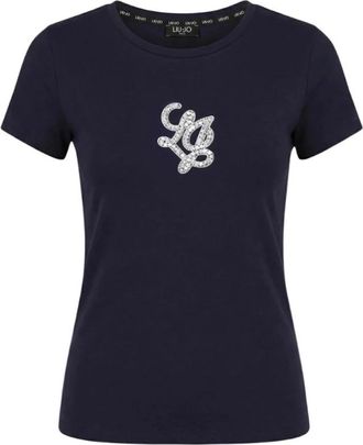 Liu Jo T-shirt met logo met versiering - Dames - T-shirts - Blauw - S - Katoen - Tops