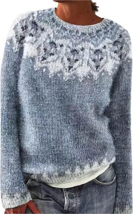 Generic Ladies Jumpers, Fairisle Oversized Jumper Women Long Sleeve Winter Jumpers Knitted Sweater Crew Neck Loose Vintage Pullover Sweater Tops Casual Loose 