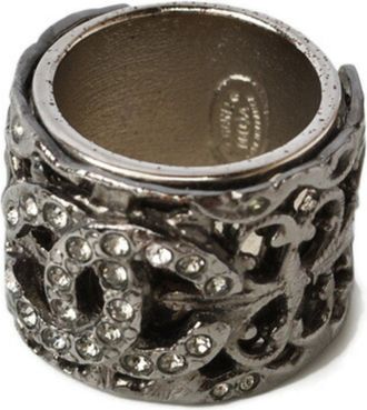 Chanel Gunmetal Metal Rhinestone Band Ring (Pre-Owned)