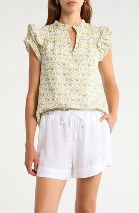 Sugarlips Jaimie Stripe Ramona Ruffle Cotton Top in White-Yellow at Nordstrom, Size X-Large